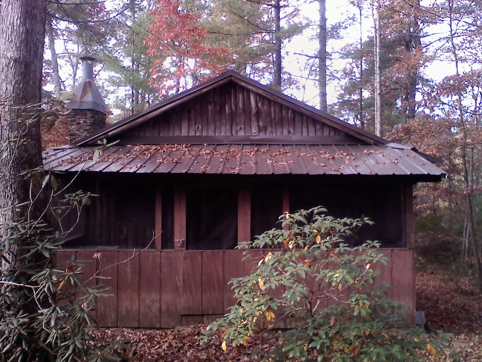 Metal roof over the screened porch of a rustic cabin in Lebanon